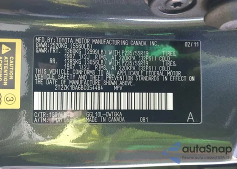 2011 Lexus Rx 350 from USA, damaged, VIN 2T2ZK1BA6BC054484